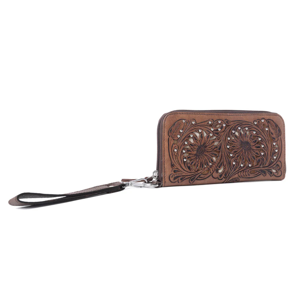 Myra Autumn Brook Handtooled Harion Leather WMns Wallet in Toffee Saddle