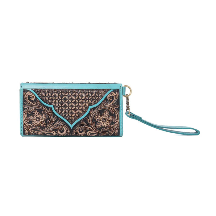 Sunfire Valley Handtooled Harion Leather WMns Wallet in Turquoise Pearl