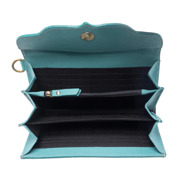 Sunfire Valley Handtooled Harion Leather WMns Wallet in Turquoise Pearl