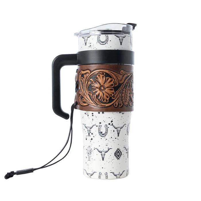 Westmark Tooled Western Tumbler in White Stainless Steel with Leather Wrap