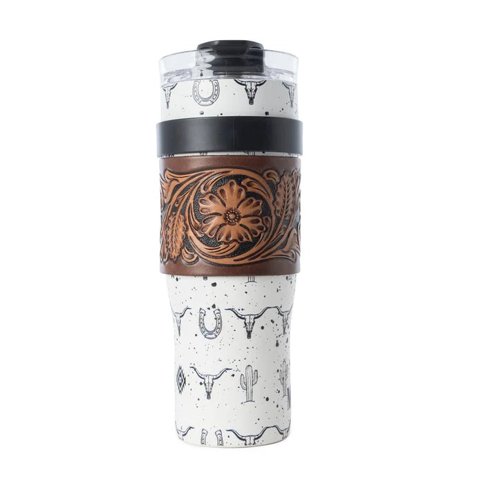 Westmark Tooled Western Tumbler in White Stainless Steel with Leather Wrap