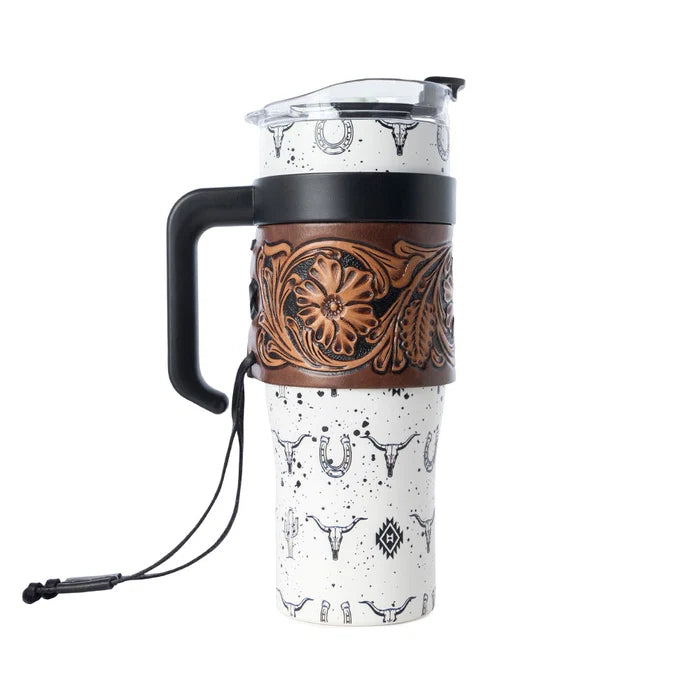 Westmark Tooled Western Tumbler in White Stainless Steel with Leather Wrap