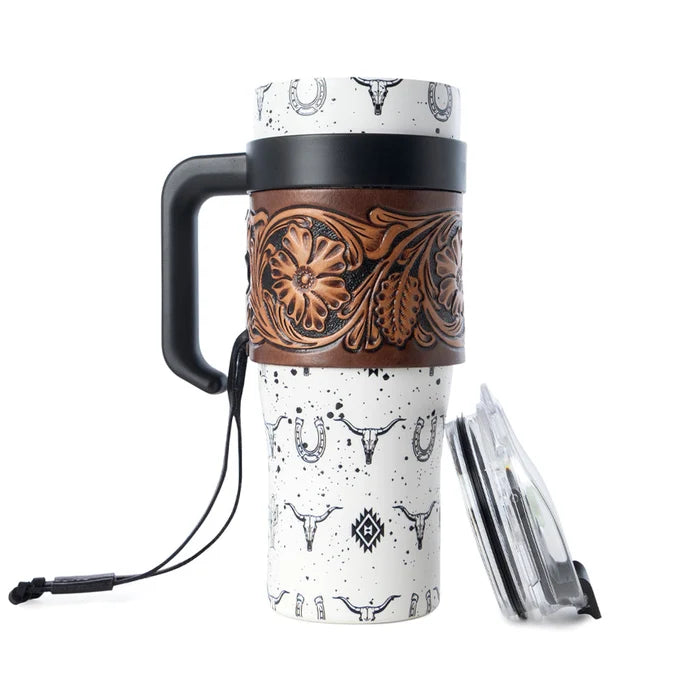 Westmark Tooled Western Tumbler in White Stainless Steel with Leather Wrap
