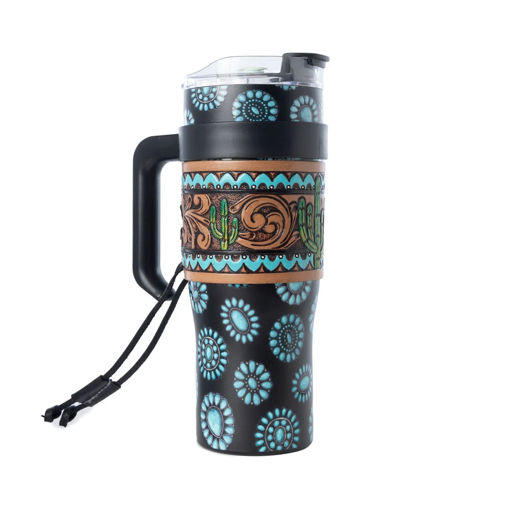 Concho Crest Western Tooled Tumblr in Black Stainless Steel with Leather Wrap and Handle