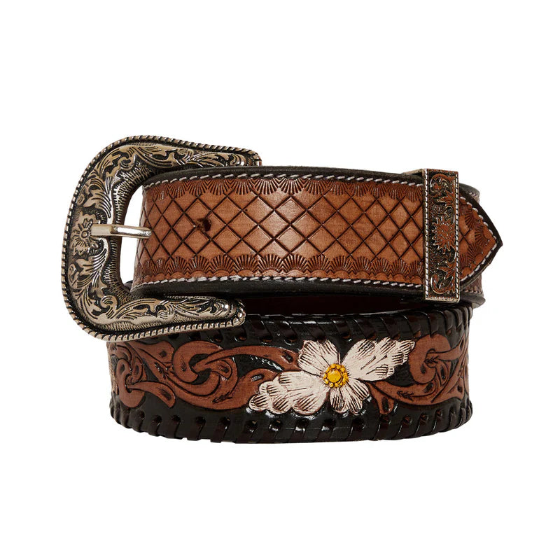 Checkered Brown Hand-Tooled Leather Womens Belt
