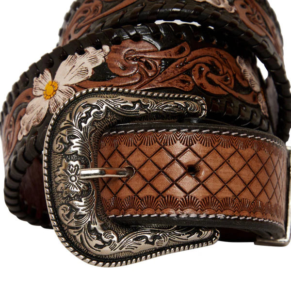 Checkered Brown Hand-Tooled Leather Womens Belt