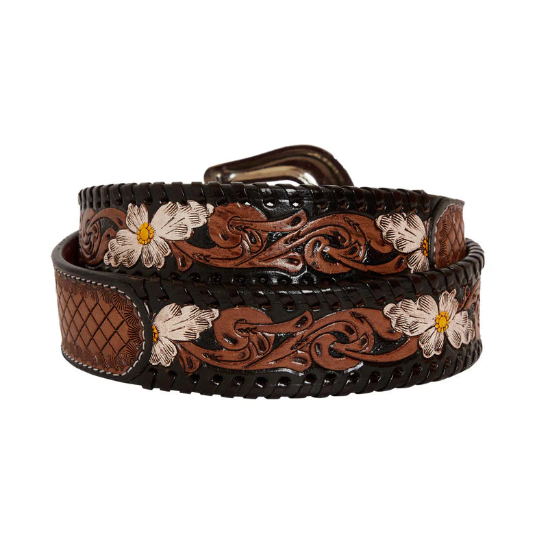 Checkered Brown Hand-Tooled Leather Womens Belt