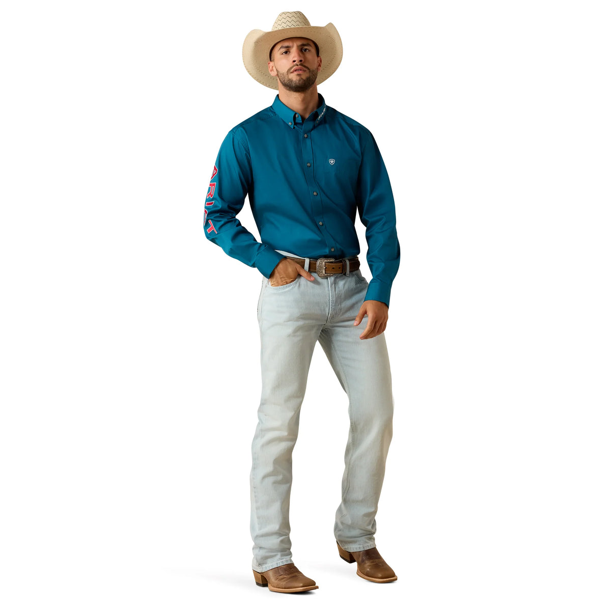 Ariat Mns Team Logo Lightweight Twill Classic Fit LS Shirt Corsair/Red