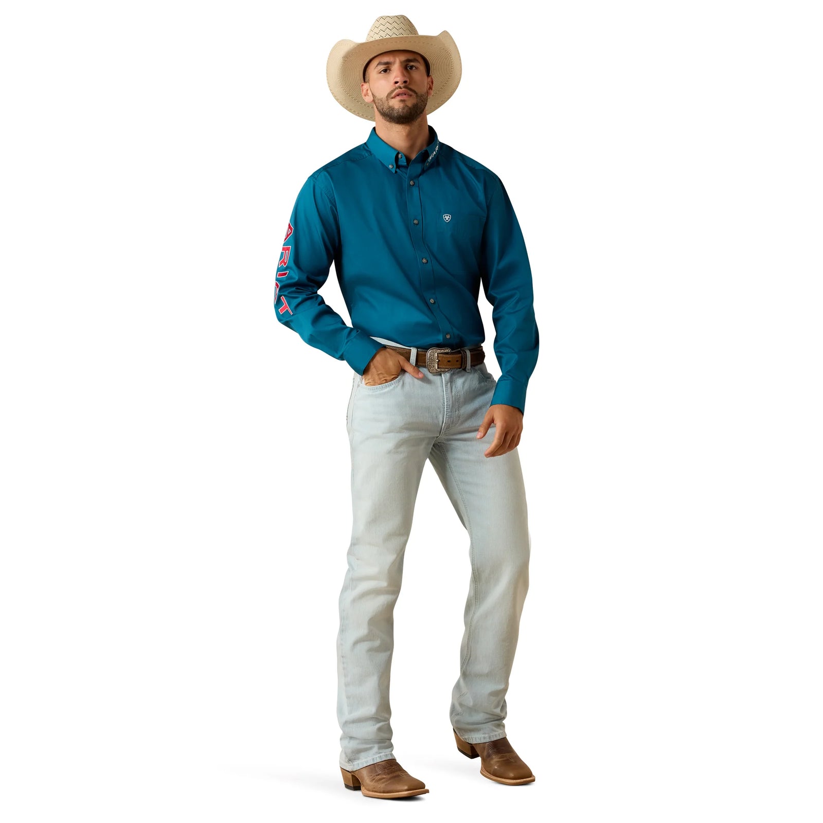 Ariat Mns Team Logo Lightweight Twill Classic Fit LS Shirt Corsair/Red