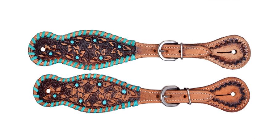 Showman Ladies Leather Spur Straps with Tooled Flowers with Teal Whip Stitch