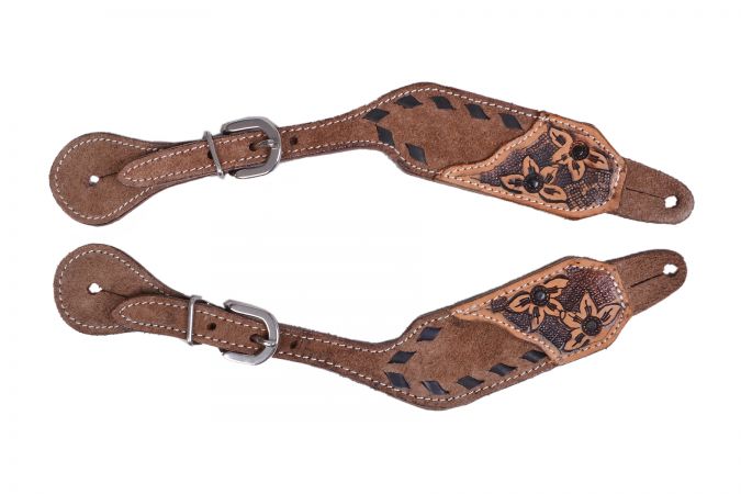 Showman Ladies Chocolate Rough Out Leather Spur Straps with Black Buck Stitch Trimhip Stitch Edges