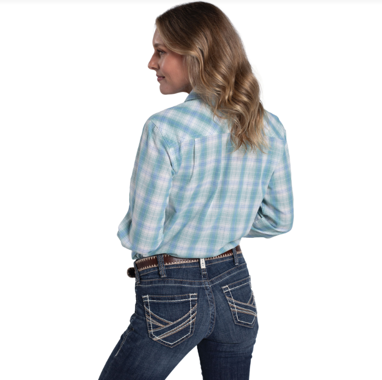 Just Country Wms Abbey Full Button Print Workshirt Riviera Blue and Sea Green Plaid