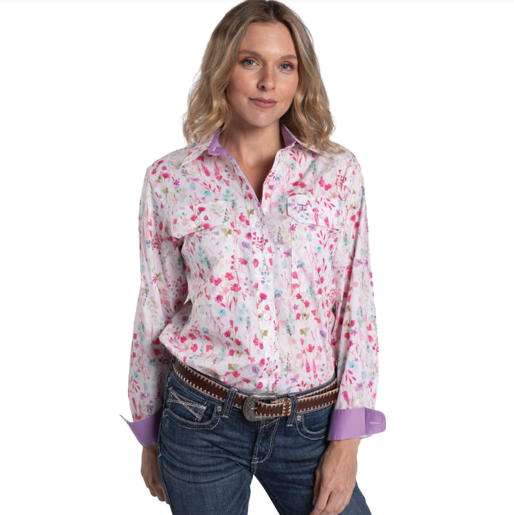 Just Country Wms Abbey Full Button Print Workshirt White Wildflowers/Orchid