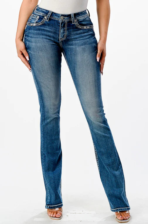 Grace in LA Easy Fit Wmns Cross Embroidery with Turquoise Stud Bootcut Jeans
