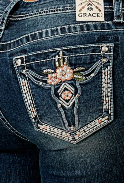 Grace in LA Wms Steer Head Embelished Jeans