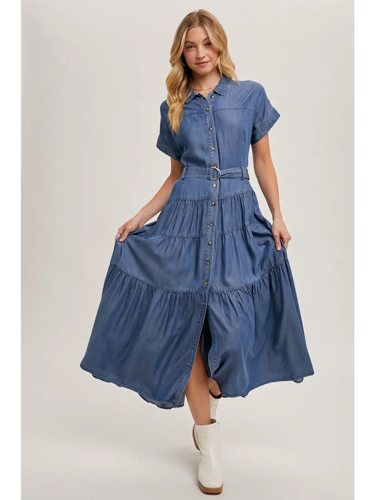 Short Sleeve Tiered Maxi Denim Dress Button Front | Country Clothing - Dress | Saddleworld Ipswich