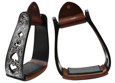 Showman Angled Black Aluminium Stirrups with Silver Engraving and Cut Out Poker Suit Design | Horse Supplies - Oxbow | Saddleworld Ipswich