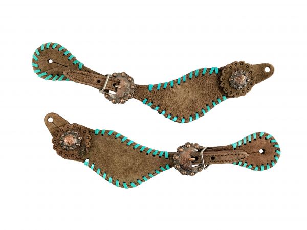 Showman Ladies Leather Spur Straps with Teal Whip Stitch Trim | Rider Wear - Spur Straps | Saddleworld Ipswich