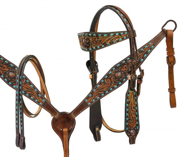 Showman Teal Buck Stitched Bridle and Breastplate | Horse Supplies - Bridle | Saddleworld Ipswich