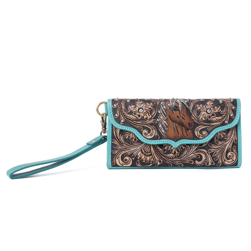 Sunfire Valley Handtooled Harion Leather WMns Wallet in Turquoise Pearl | Giftware - Handbag | Saddleworld Ipswich