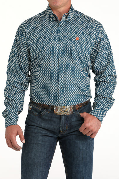 Cinch Teal Geometric Print Mens Shirt