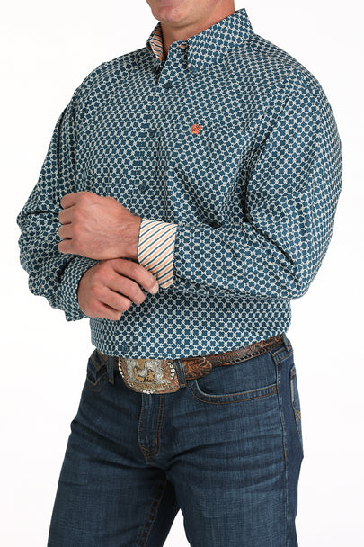 Cinch Teal Geometric Print Mens Shirt