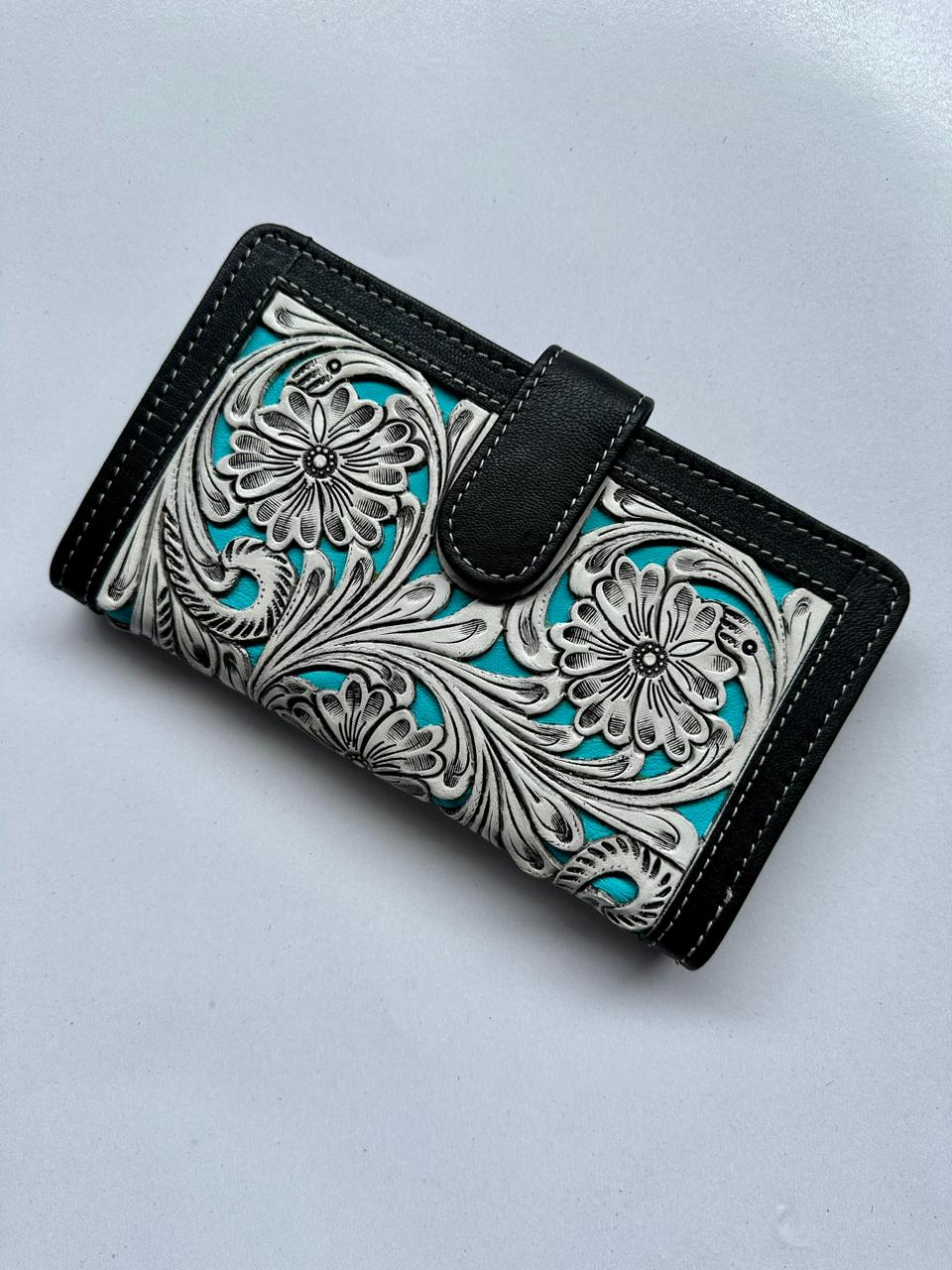 The Design Edge Tooling Leather Carved Clutch Wallet with Turquoise Base