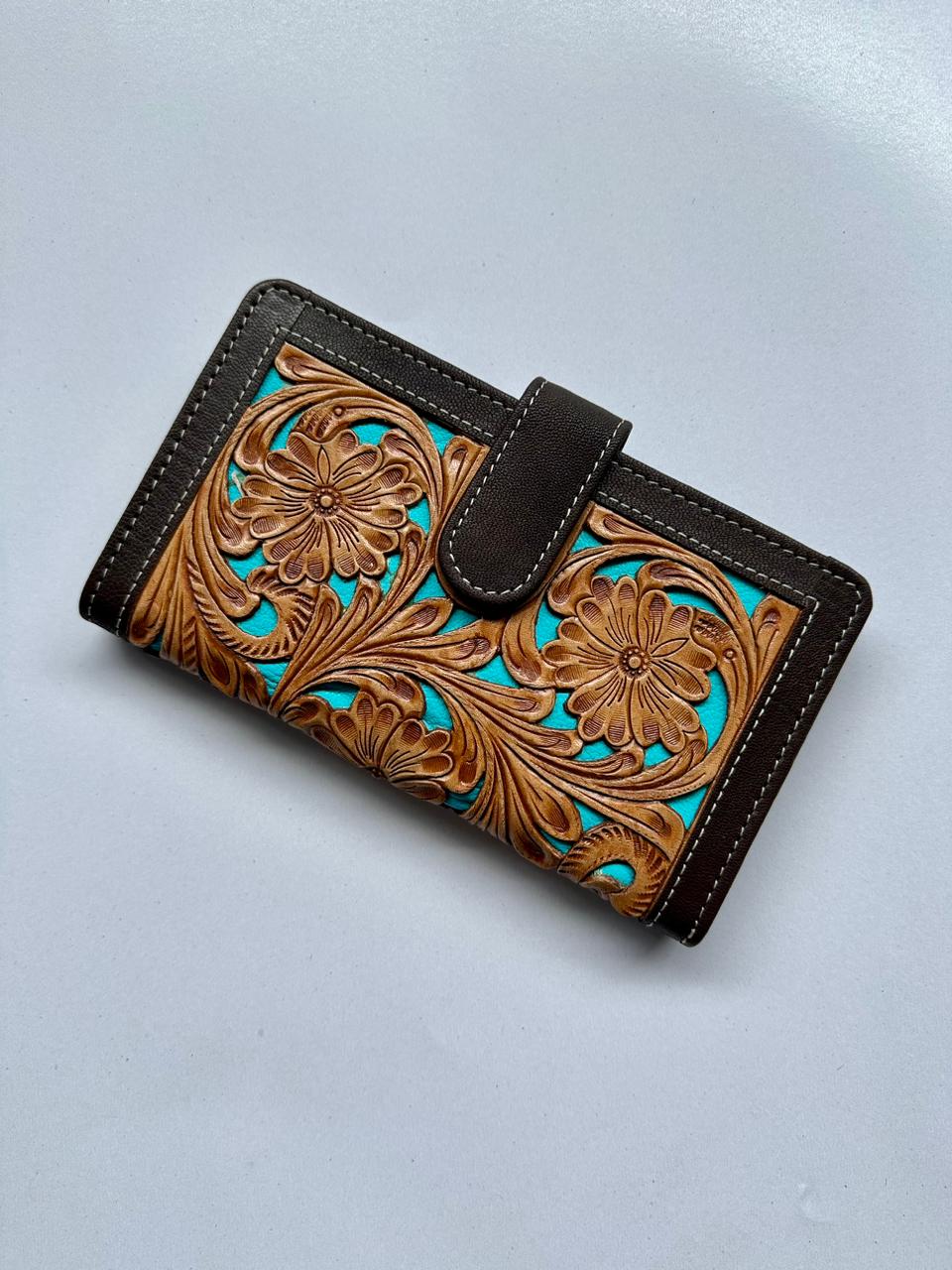 The Design Edge Tooling Leather Carved Clutch Wallet with Turquoise Base