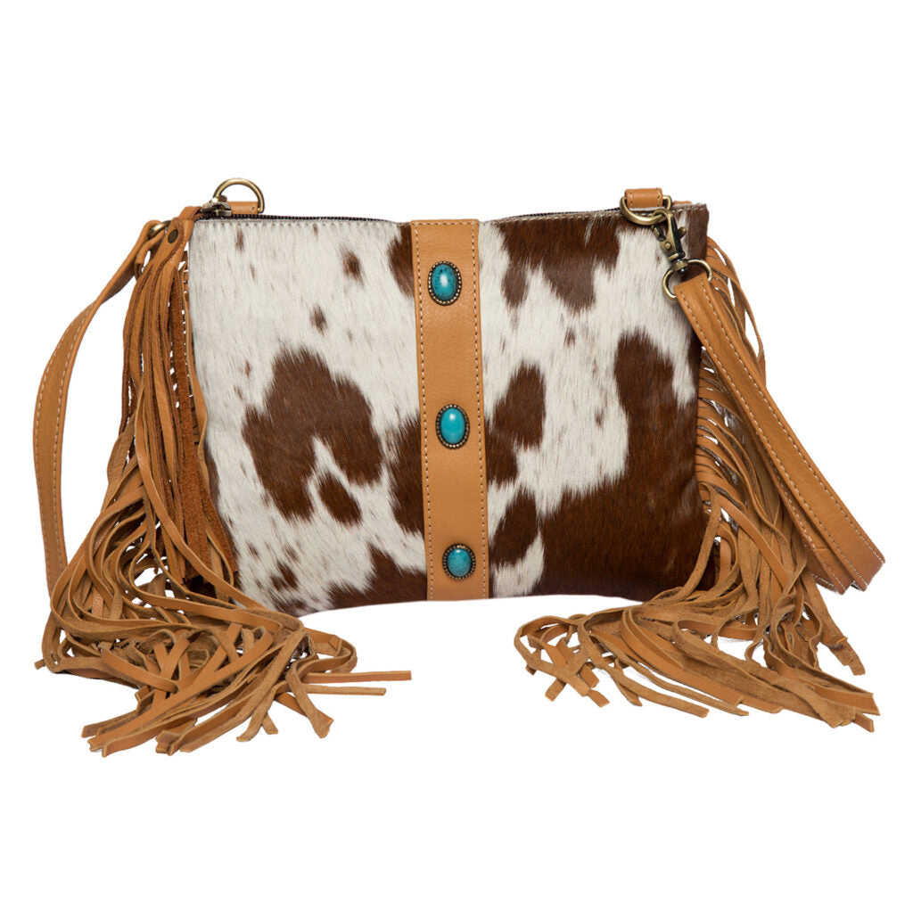 The Design Edge  Cowhide Clutch Bag with Turquoise Stonework and Fringes | Giftware - handbag | Saddleworld Ipswich