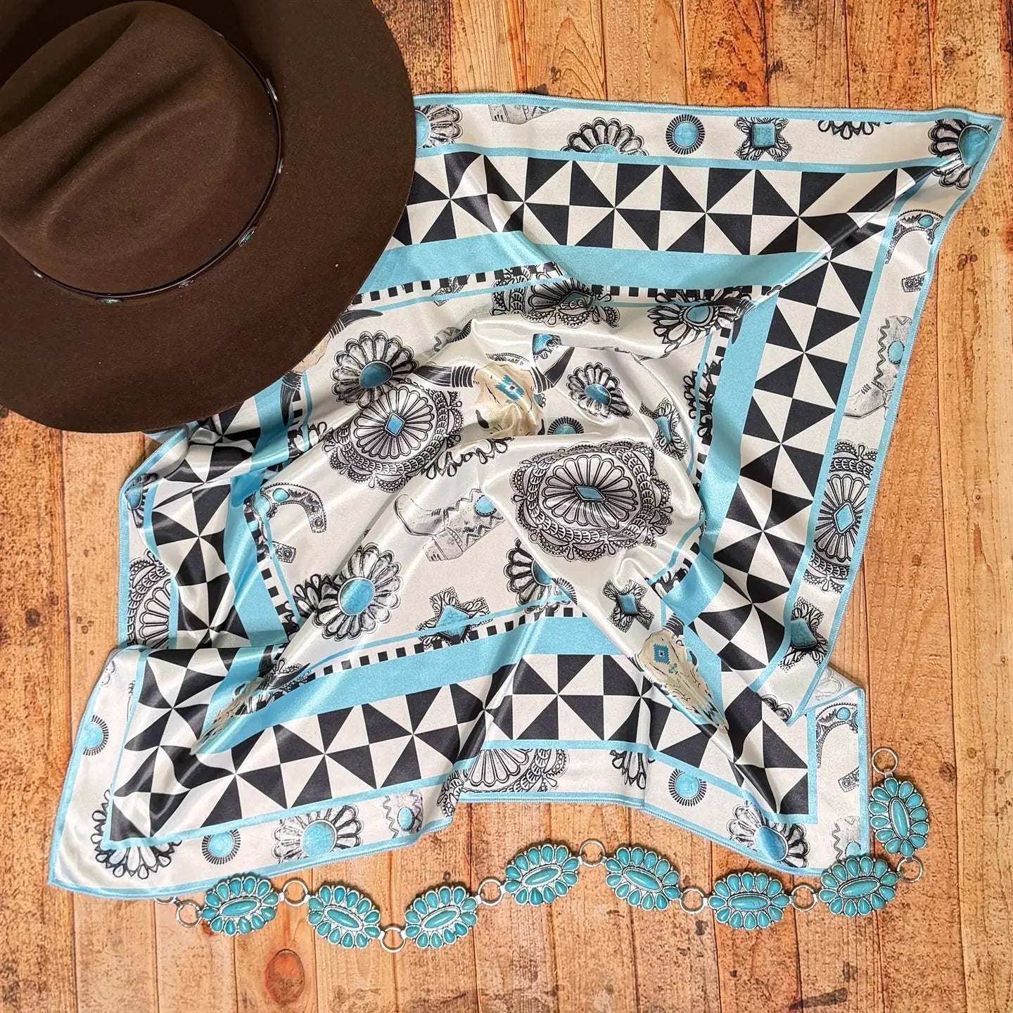 Turquoise Concho Longhorn Print Square Silk Rag | Country Clothing - Scarf | Saddleworld Ipswich