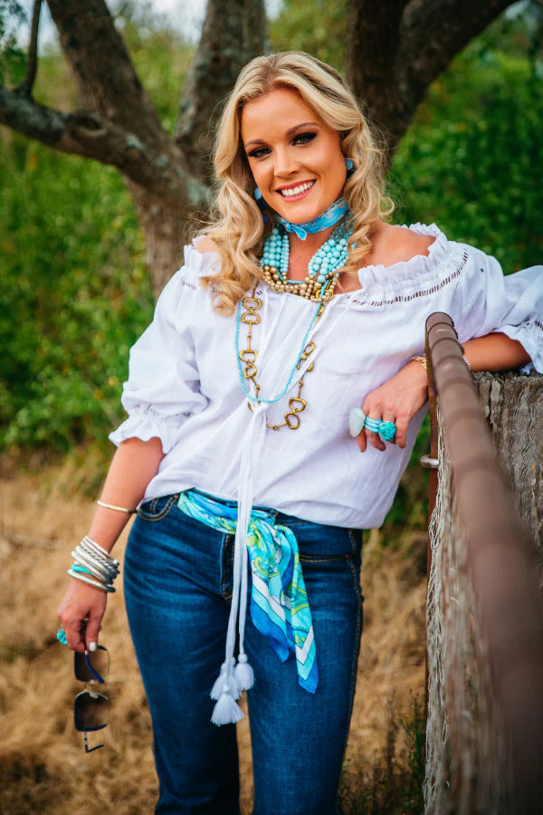 Hitchley and Harrow White off the Shoulder Tassel Linen Top