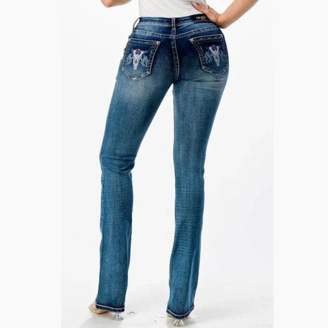 Grace in LA Wmns Steerhead Print Pocket with Embroidery Border Boot Cut Jeans - EOFY Sale