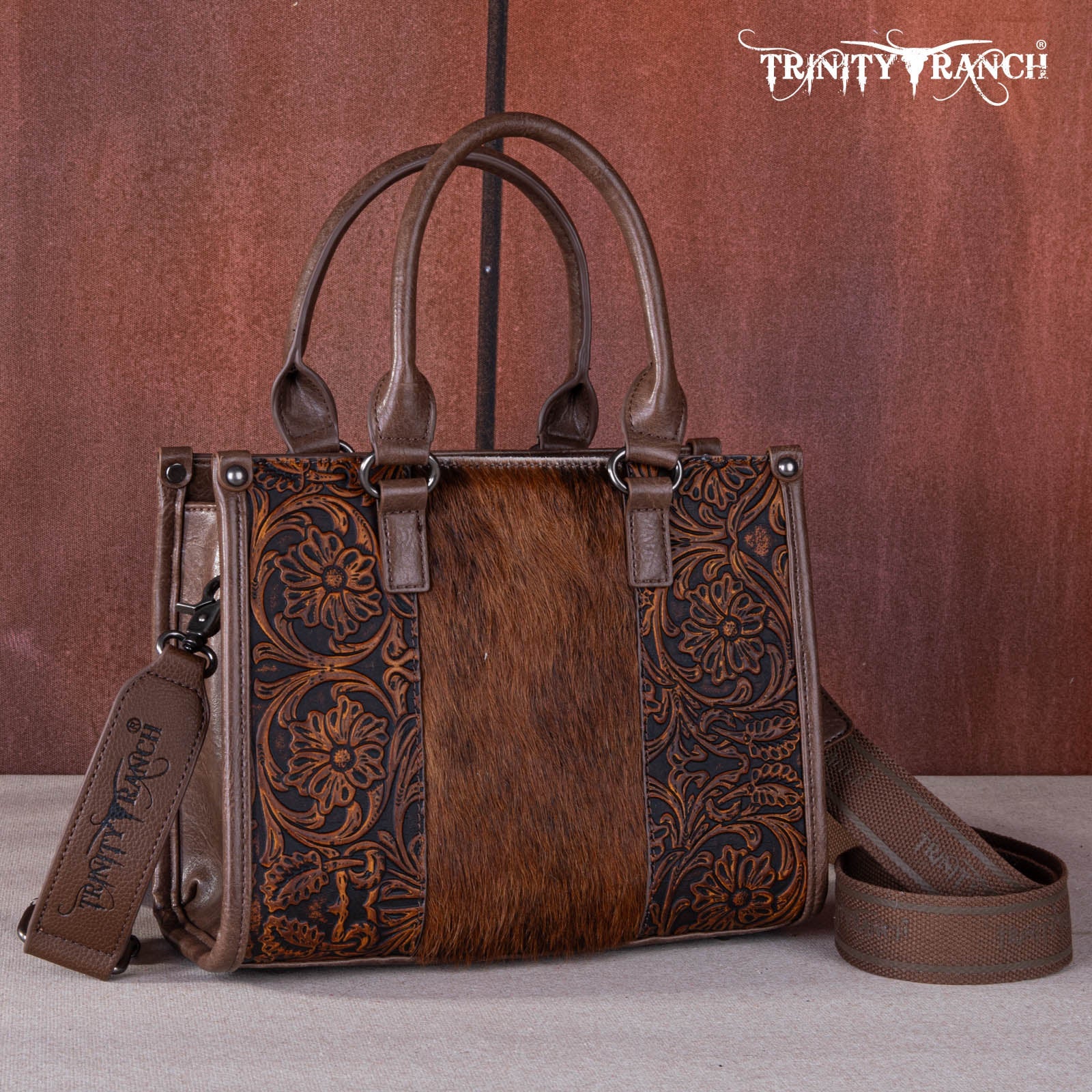 Trinity Ranch Hair On Cowhide Tooling Concealed Carry Tote/Crossbody