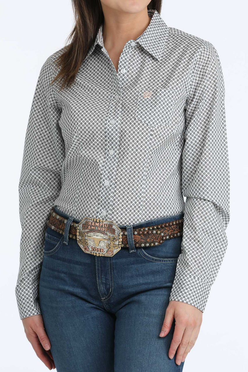 Cinch Wmns White Geometric Print Ladies Shirt
