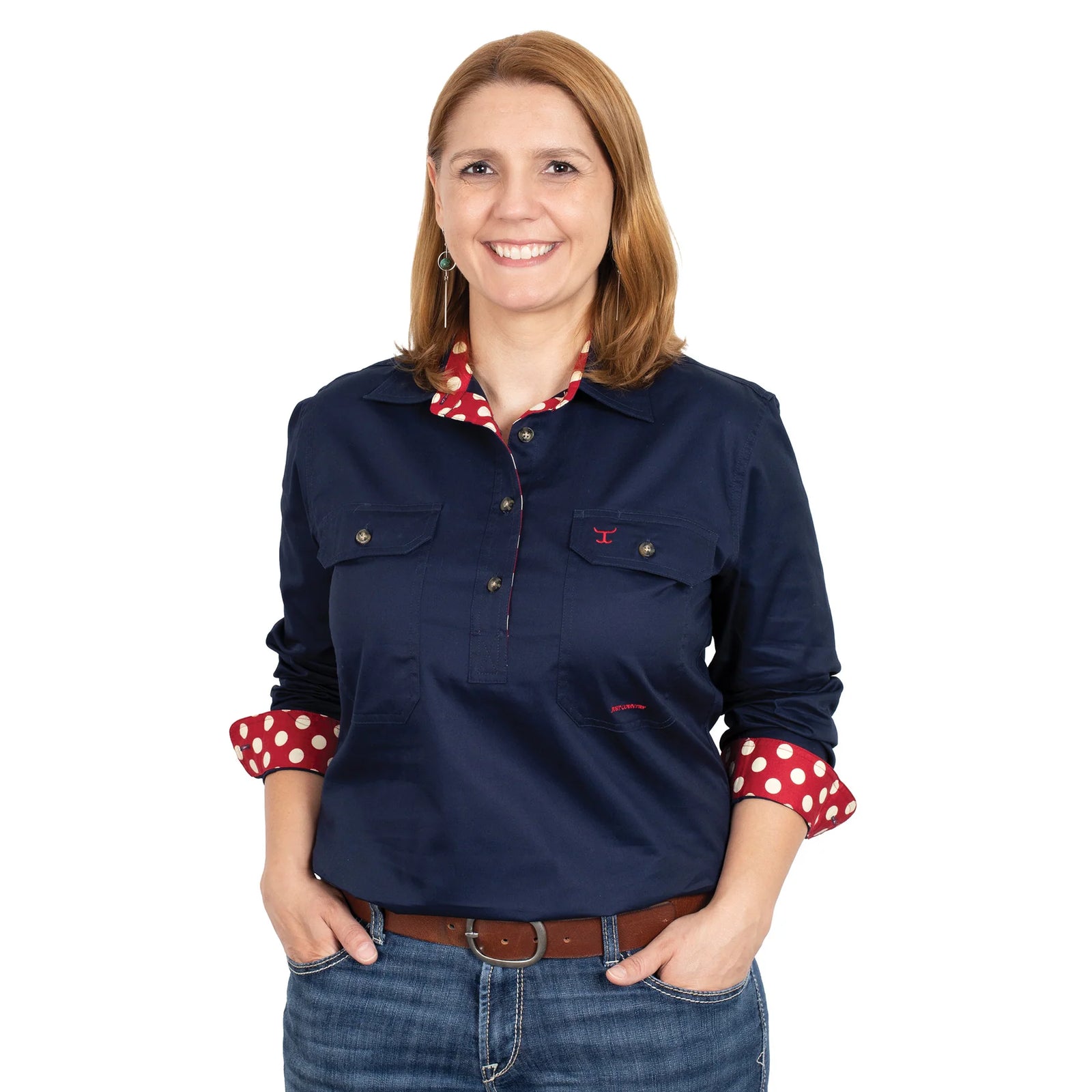 Just Country Wms Jahna trim Half Button Solid Workshirt Navy/Crimson Spots