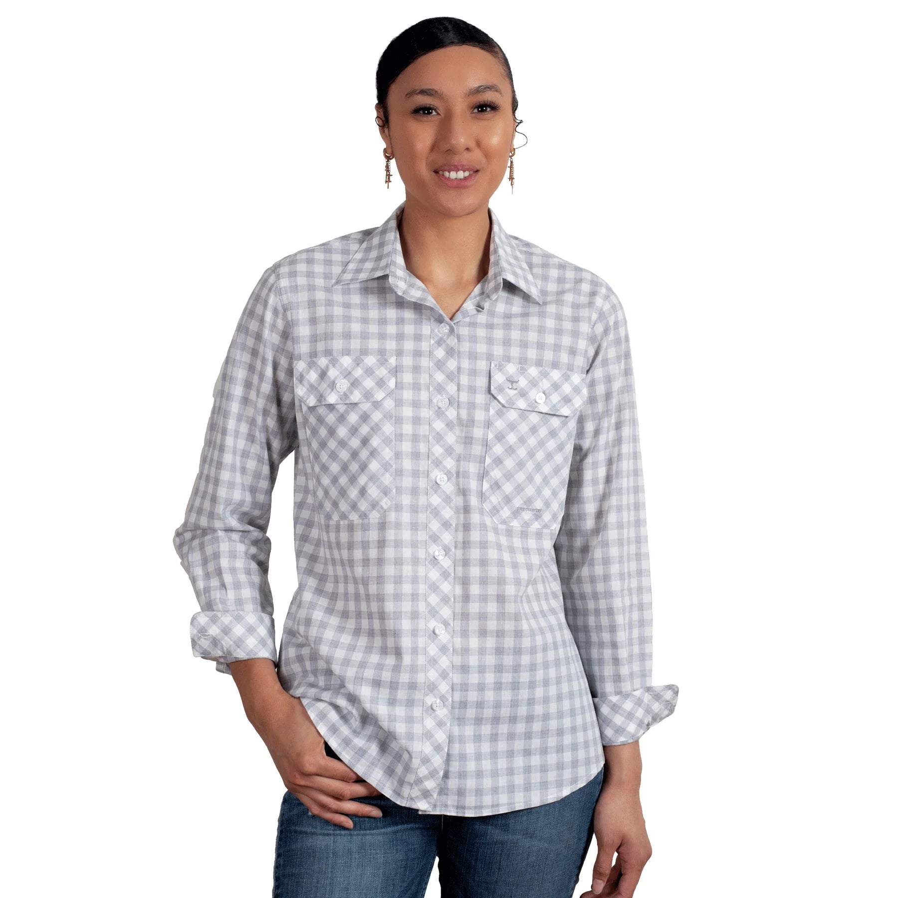 Just Country Wms Abbey Full Button Print Workshirt Grey Check
