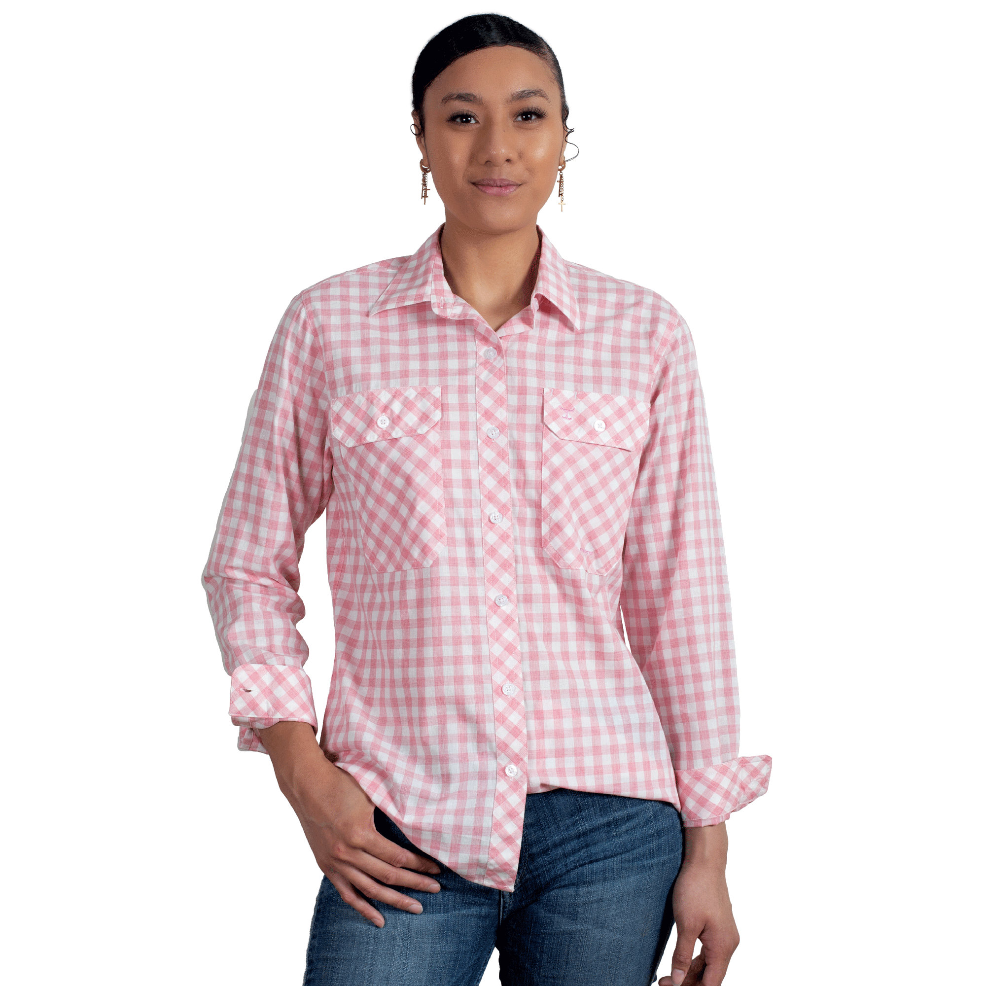 Just Country Wms Abbey Full Button Print Workshirt Flamingo Pink Check