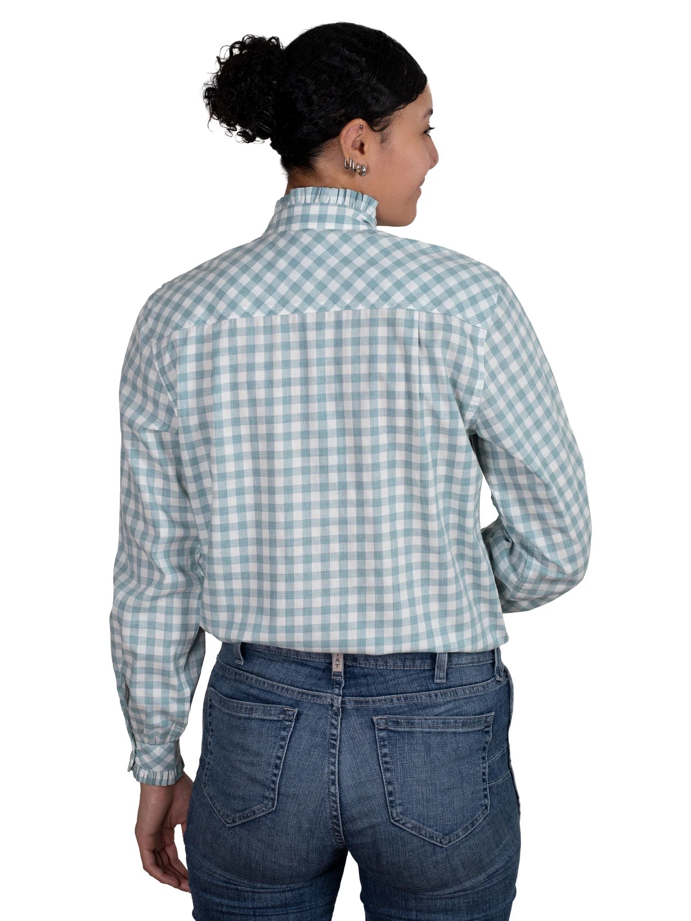 Just Country Wms Abbey Frills Full Button Print Workshirt Dusty Turquoise Check
