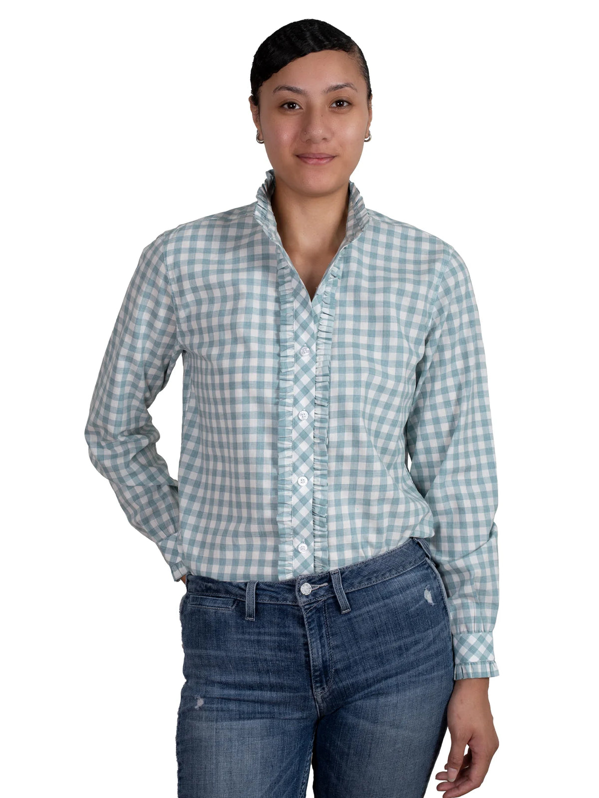 Just Country Wms Abbey Frills Full Button Print Workshirt Dusty Turquoise Check