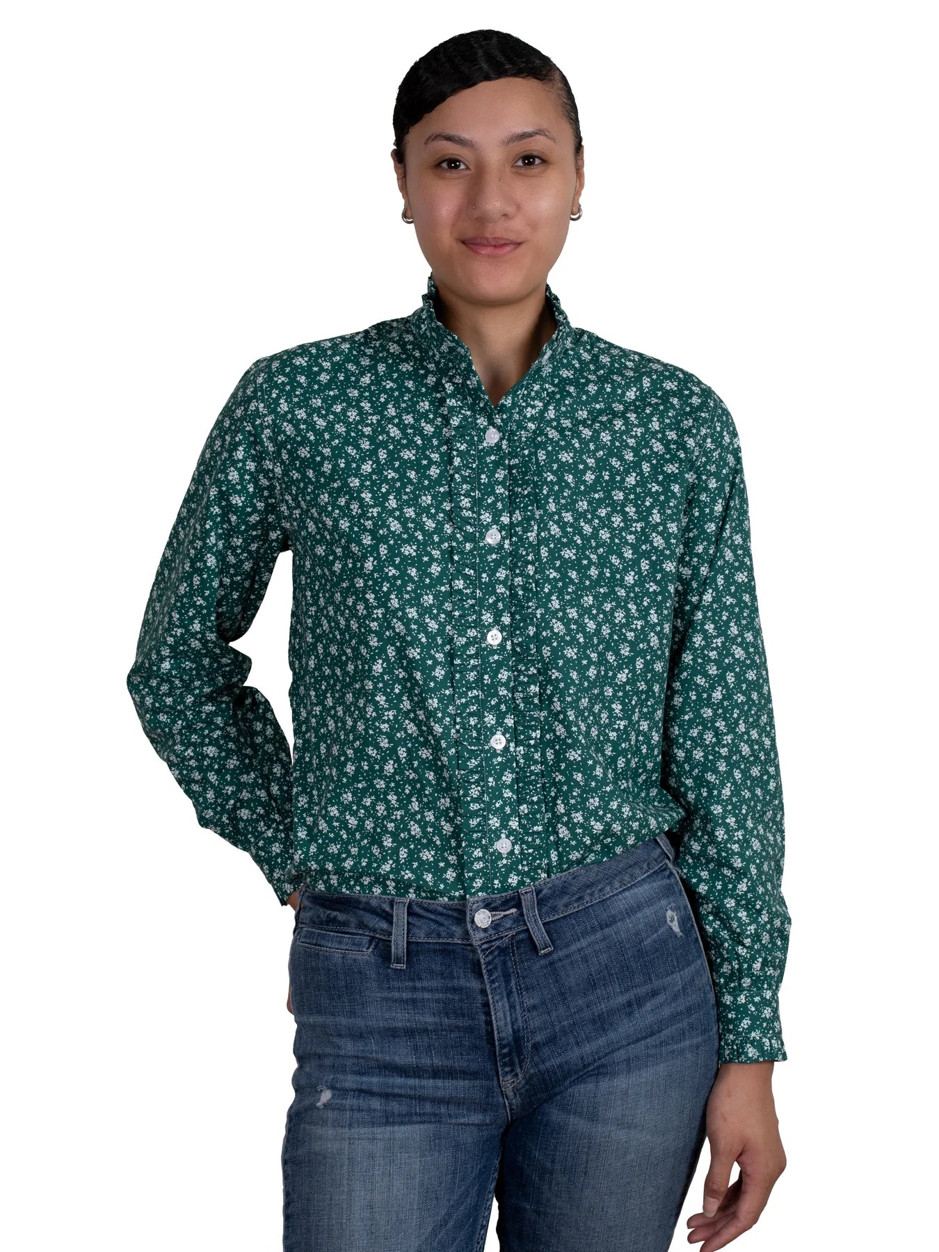 Just Country Wms Abbey Frills Full Button Print Workshirt Forest Green Bouquet