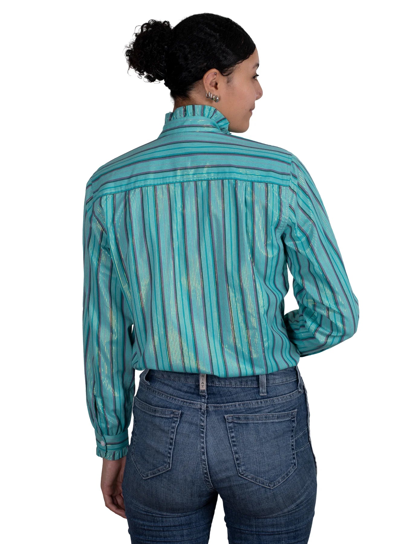Just Country Wms Abbey Frills Full Button Print Workshirt Turquoise Stripe - Black Friday Sale
