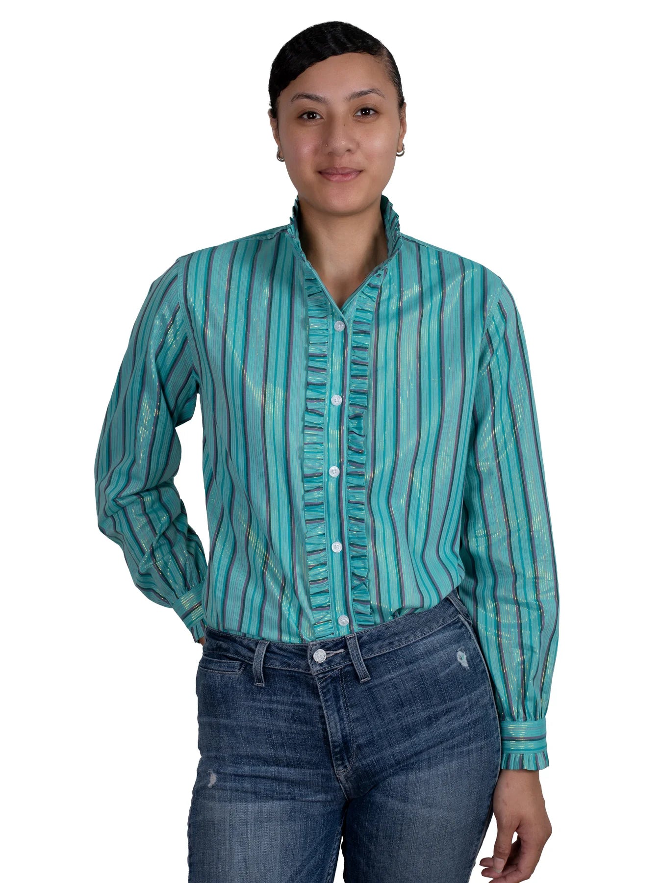 Just Country Wms Abbey Frills Full Button Print Workshirt Turquoise Stripe - Black Friday Sale