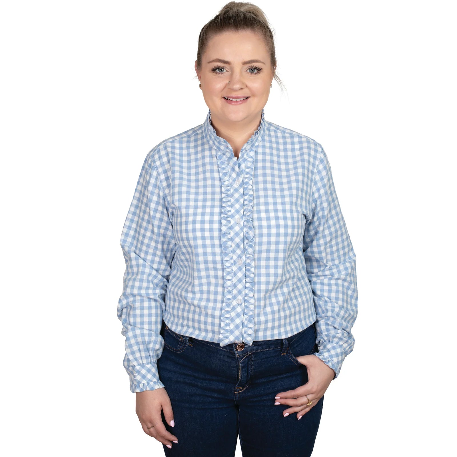 Just Country Wmns Abbey Frills Full Button Print Workshirt Cornflower Blue Check