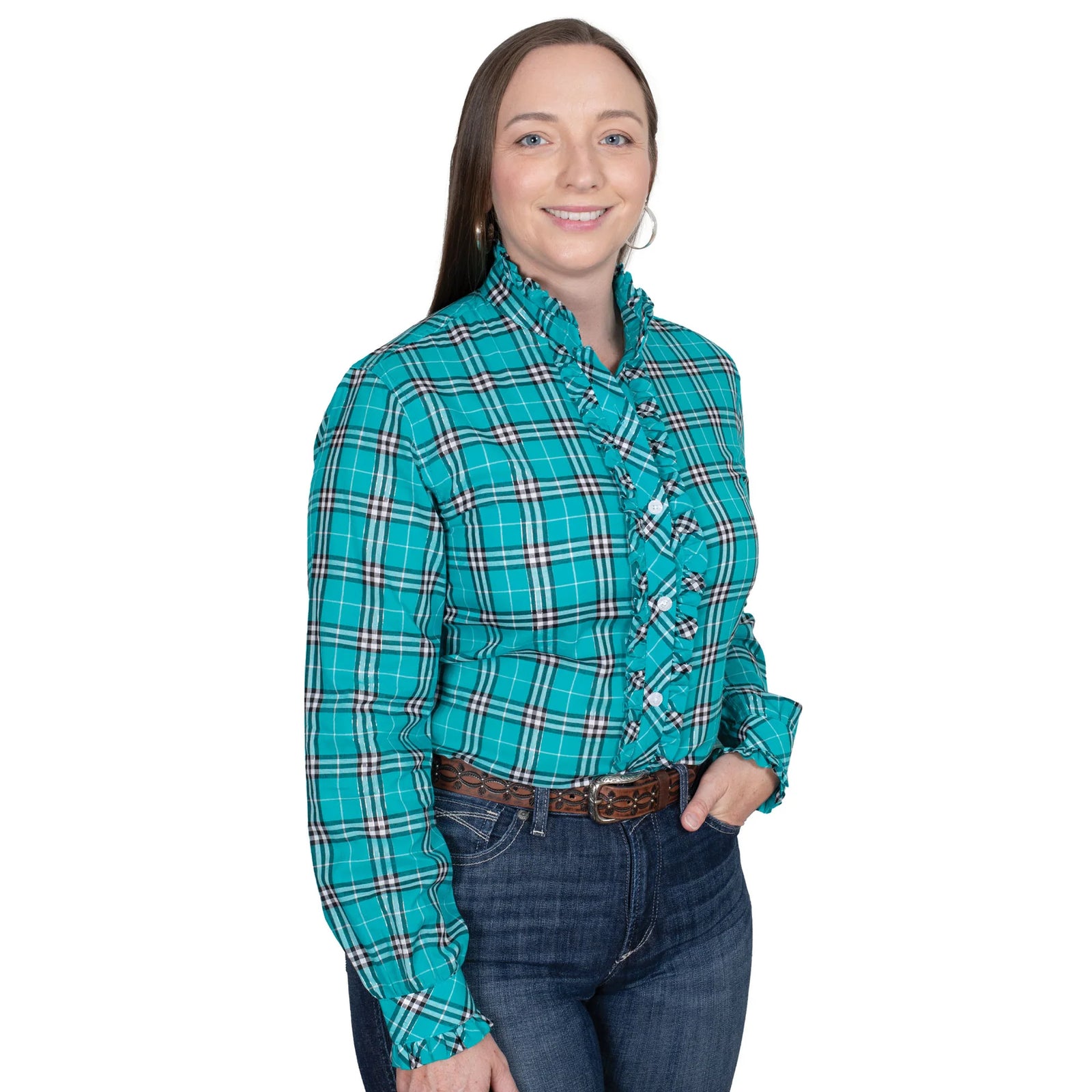 Just Country Wms Abbey Frills Full Button Print Workshirt Peacock Green Lurex Plaid