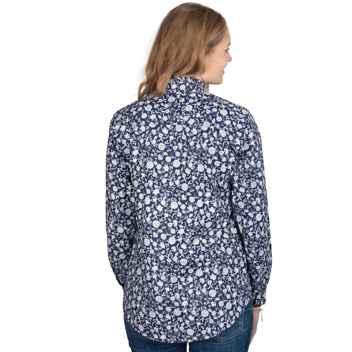 Just Country Wmns Abbey Frill Full Button Print Workshirt Navy Floral