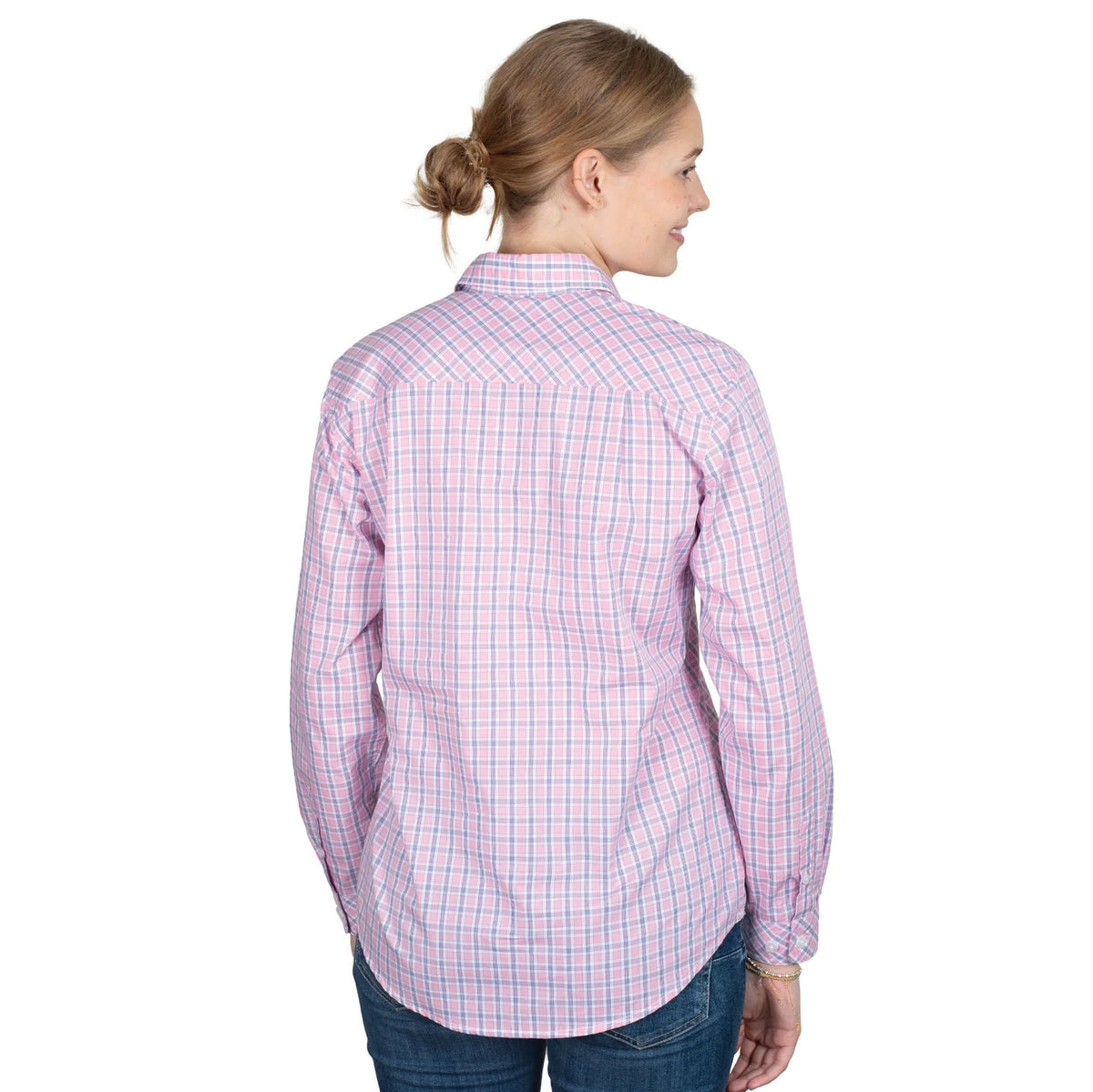 Just Country Wmns Georgie Half Button Print Workshirt Light Pink and Navy Plaid