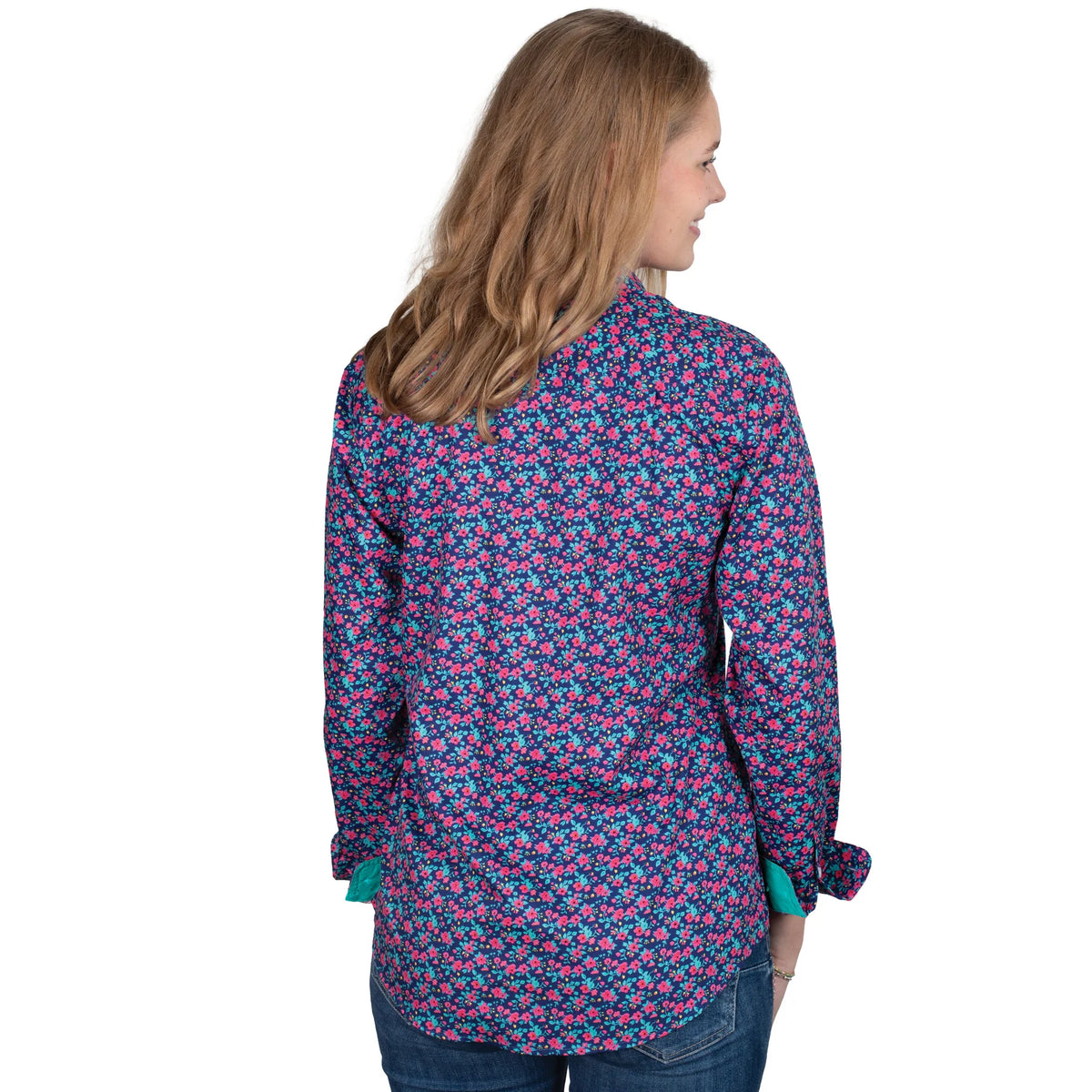 Just Country Wmns Abbey Full Button Print Workshirt Navy Pansies/Hot Pink