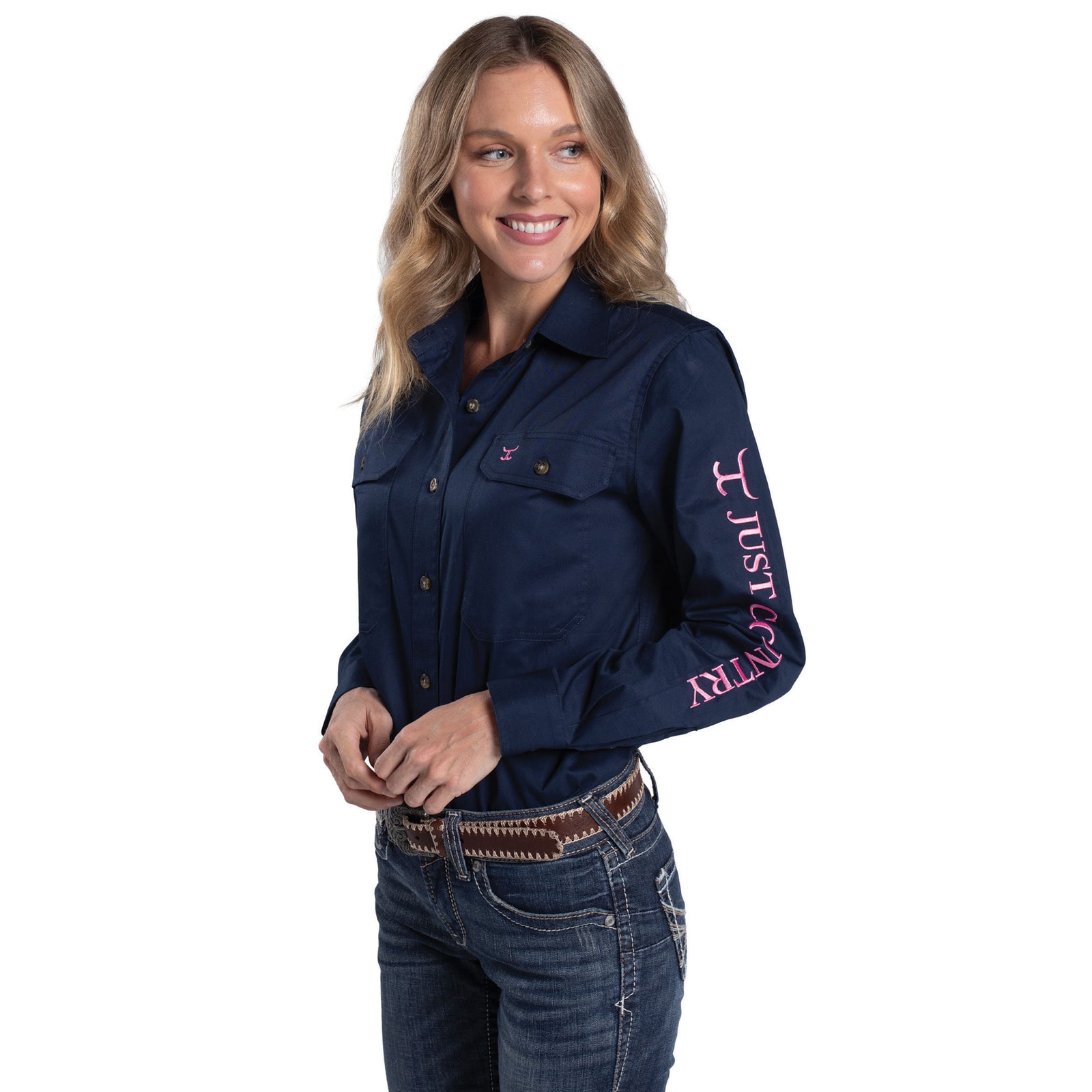 Just Country Wms Brooke Embroidered Workshirt Navy/Rose