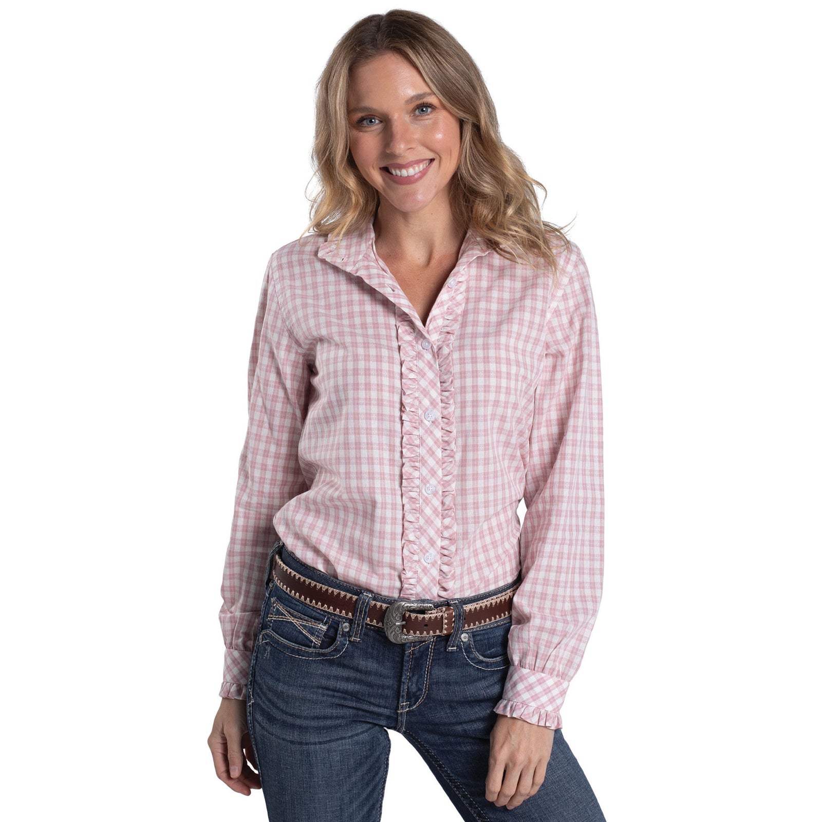 Just Country Wms Abbey Frills Full Button Print Workshirt Heather Rose and White Check