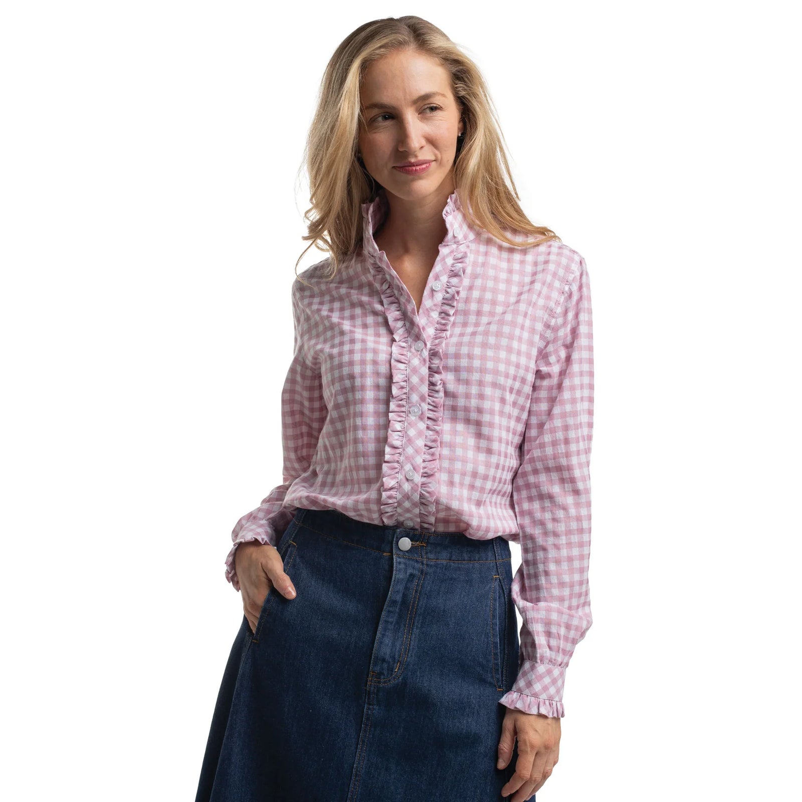 Just Country Wmns Abbey Frills Full Button Print Workshirt Berry and White Check